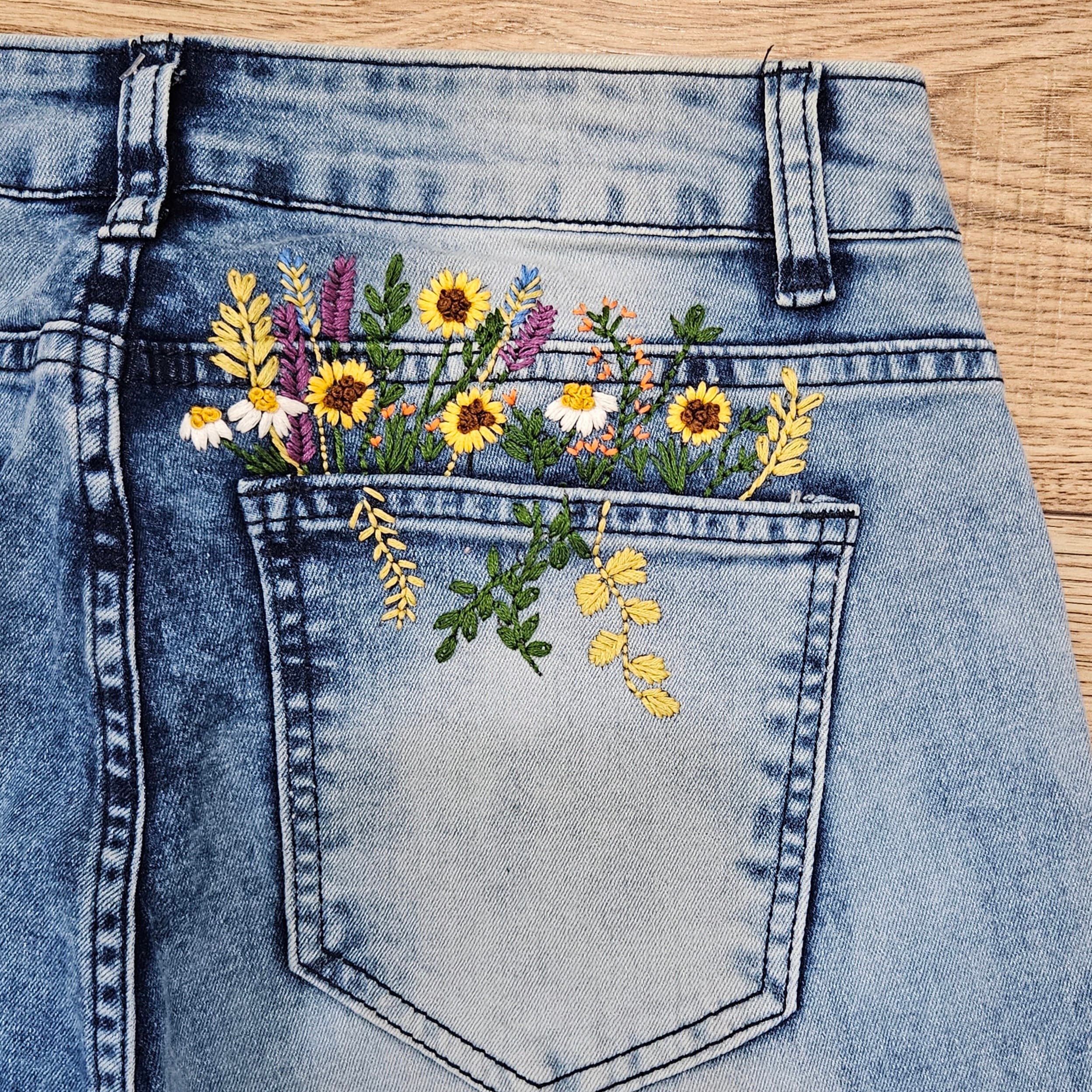 Vintage Embroidered Floral Jeans, Blue Embroidered Denim Pants, Handmade  Boho Jeans, Summer Cropped Pants, Soft Cotton Jeans, Gift for Her 