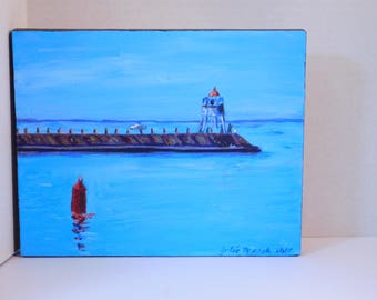 Two Harbors Lighthouse - original Acrylic on canvas painting by Julie Miscera 8"x10"
