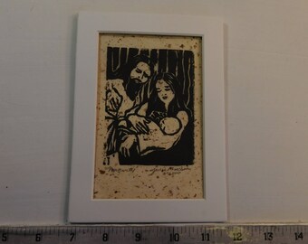 Nativity - original, matted, linoleum cut print designed by Julie Miscera c2000 - Jesus, Mary and Joseph