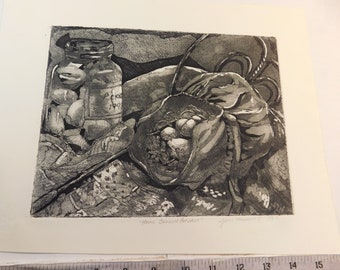 Sunbonnet and Eggs or Home Canned Peaches- original hand-pulled etching and aquatint print by Julie Miscera - black ink