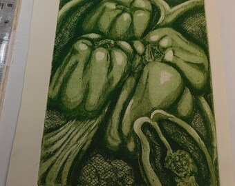 Green Peppers - original hand pulled etching by Julie Miscera