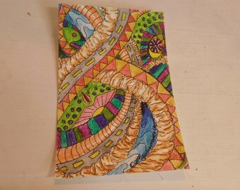 Intertwined Roads - Original, handmade postcard - mail art with Inktense pencils by Julie Miscera  6"x4"  unposted