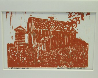 Rustic Barn - Linoleum block print with Rust colored ink  - Hand ink and pulled print  matted size 5x7"