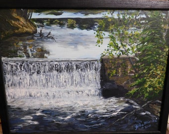 Glen Loch Dam - Chippewa Falls, Wisconsin Original painting by Julie Miscera  11"x14"  Acrylic on stretched canvas - framed - pick-up only
