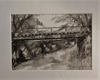 Rail Bridge - original wash drawing by Julie Miscera c2017  Irvine Park, Chippewa Falls, Wisconsin vintage Soo Line Railroad Bridge