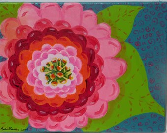 Pink Zinnia - original painting by Julie Miscera  Acrylic on Canvas 2016