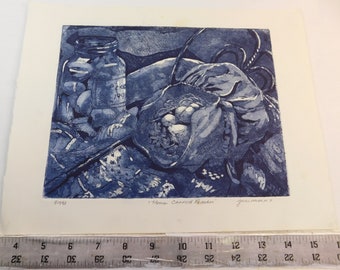 Sunbonnet and Eggs or Home Canned Peaches - original hand-pulled etching by Julie Miscera Blue ink