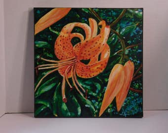 Orange Tiger Lily   - Original painting by Julie Miscera    Acrylic on canvas  12"x12"  c 2016