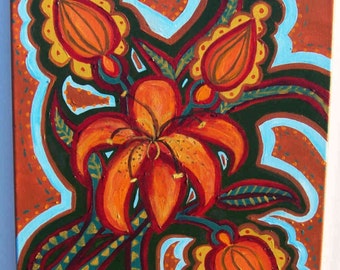 Cha-Cha  - 16x20" acrylic painting of bold orange lilies  - flower painting  by Julie Miscera  c2015