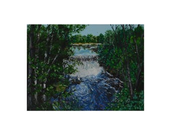 Vista of Glen Loch - print based on an original painting by Julie Miscera - scenic waterfall/dam in Chippewa Falls, Wisconsin c2017