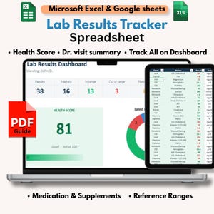 May include: A digital lab results tracker spreadsheet for Microsoft Excel and Google Sheets. The display shows a dashboard with a health score of 81, test markers, and a data table. Includes a PDF guide icon and text labels for health tracking.