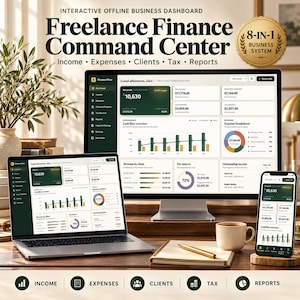 Peut inclure: Un tableau de bord professionnel interactif hors ligne intitulé Freelance Finance Command Center affiché sur un écran d'ordinateur, un ordinateur portable et un smartphone. L'interface présente des données financières, des graphiques et du texte.
