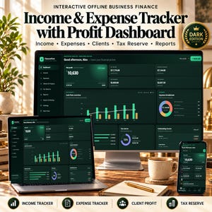 Può includere: Un tracker interattivo offline per entrate e uscite aziendali con dashboard dei profitti, visualizzato su un monitor, un portatile e uno smartphone. L'interfaccia scura mostra dati finanziari, grafici e diagrammi in tonalità verdi e dorate.