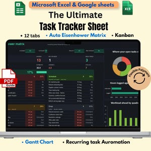 May include: A digital task tracker sheet for Microsoft Excel and Google Sheets displayed on a laptop screen. The interface features an Eisenhower matrix, Kanban board, Gantt chart, and recurring task automation with data visualizations like pie and bar charts.
