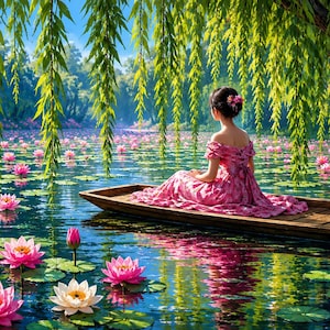 Op de afbeelding: Een persoon met donker haar in een opgestoken kapsel zit in een houten boot op een vijver vol levendige roze lotusbloemen en groene waterlelies. De persoon draagt een lange, zwierige roze bloemenjurk en is van achteren onder wilgentakken te zien.