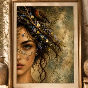 May include: A framed wall art print featuring a portrait of a person with green eyes, adorned with a crown of twigs, small blue forget-me-nots, and white daisies. A small brown bird with an orange breast is perched atop the floral arrangement.