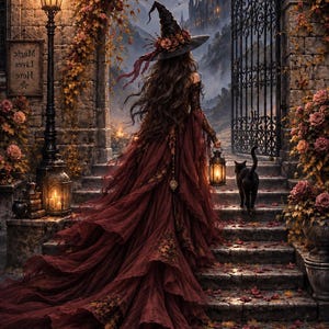 Puede incluir: Una figura con un vestido largo de capas rojo oscuro y un sombrero puntiagudo adornado con rosas sube escalones de piedra hacia una puerta arqueada. Un gato negro sigue, una linterna brilla. Un letrero dice Magic Lives Here con una estrella.