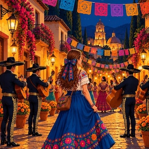 Può includere: Una persona indossa una camicetta bianca con ricami floreali e una lunga gonna blu con orlo floreale, camminando lungo una strada acciottolata di notte. Musicisti mariachi in abiti scuri con finiture dorate suonano chitarre sotto bandierine colorate.