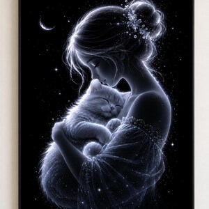 Puede incluir: Una impresión de arte digital que muestra una figura brillante y etérea con el cabello recogido en un moño, sosteniendo un gato esponjoso sobre un fondo oscuro lleno de estrellas brillantes y una luna creciente, en tonos de luz blanca y azul.
