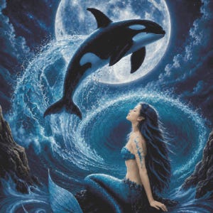 Puede incluir: Una ilustración digital de una sirena con cabello largo y oscuro sentada sobre una roca, vistiendo un top azul. Sobre ella, una orca salta desde una ola oceánica arremolinada frente a una luna llena grande y brillante en el cielo nocturno.