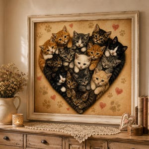 Puede incluir: Una obra de arte de pared cuadrada y enmarcada que presenta un collage en forma de corazón de numerosos gatitos de varios colores, incluidos naranja, gris, negro y blanco. El fondo es de color tostado claro decorado con corazones rojos y huellas.