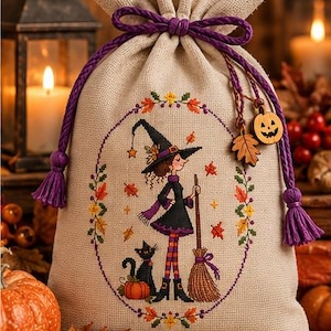 Puede incluir: Una bolsa de regalo beige con cordón que presenta un diseño de punto de cruz de una bruja con sombrero y vestido negro, sosteniendo una escoba, acompañada de un gato negro y una calabaza. La bolsa se cierra con un cordón trenzado morado con borlas.