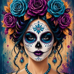 Puede incluir: Un retrato de una figura con la cara pintada de blanco, intrincados patrones florales azules y morados alrededor de los ojos y un diseño de boca cosida. La figura lleva una corona de rosas azules y moradas, pendientes de cuentas y un collar azul.