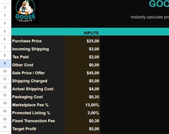 Calculateur de profit | Calculateur de rentabilité | Feuille de calcul pour revendeurs eBay | Suivi des profits des cartes de sport | Google Sheets