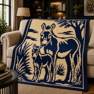 May include: A rectangular crochet blanket featuring a two-tone design in navy blue and cream. The pattern depicts a large donkey standing next to a smaller donkey foal, surrounded by stylized trees and grass elements within a solid navy blue border.