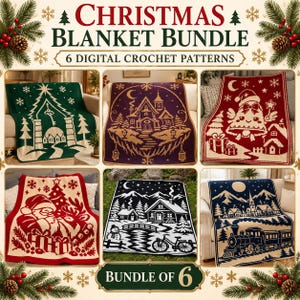 May include: A Christmas blanket bundle featuring 6 digital crochet patterns. The collection includes blankets with designs of a key in a tree, a winter house, a bell, Santa Claus, a snowy landscape with a bicycle, and a train.