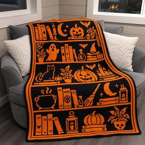 May include: A rectangular crochet blanket featuring a black background with orange pixelated motifs arranged in horizontal rows. The design includes books, pumpkins, a ghost, a cat, a crescent moon, bats, a cauldron, a broom, and potted plants.