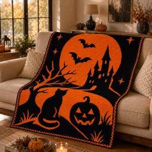 May include: A rectangular throw blanket featuring a black and orange Halloween-themed pattern. The design displays a large orange moon, a black silhouette of a haunted castle, a bare tree, a cat, a jack-o'-lantern, and flying bats.