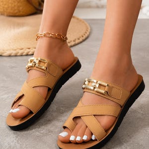 Tan Gold Chain Footbed Sandals | Criss-Cross Toe Loop Slides | Casual Summer Slip-On Flats