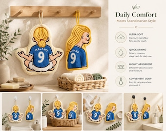 Cartoon Haaland Hanging Hand Towel 25x26cm & 20x28cm, Quick Dry Coral Fleece Bathroom Kitchen Hand Towel, Football Fan Gift