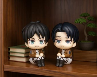Attack on Titan Eren & Levi-figur, AoT Chibi sittande anime samlarobjekt, Eren Jaeger Levi Ackerman PVC skrivbordspresent