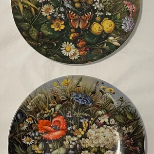 May include: Two round decorative ceramic plates featuring detailed botanical illustrations. The top plate displays yellow roses, daisies, and a butterfly. The bottom plate features a vibrant red poppy, white blossoms, and various wildflowers.