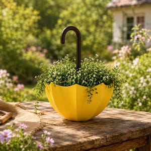 Fioriera sospesa a forma di ombrellone – Vaso da fiori da esterno con gancio – Decorazione per giardino e balcone – Vaso da appendere colorato – Fioriera da patio unica