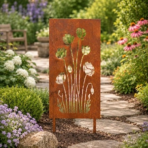 Rustic Metal Garden Decor – Vintage Floral Garden Panel – Rusted Flower Yard Art – Outdoor Metal Garden Stake – Cottage Garden Ornament