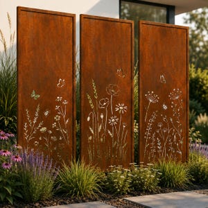 Juego de 4 paneles de metal rústico para jardín – Estacas para pantalla de jardín de helechos – Decoración botánica oxidada para patio – Arte de jardín estilo cabaña para exteriores