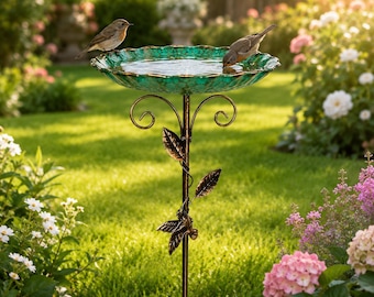 Metal Bird Bath & Feeder Garden Stake – Vintage Green Bird Bath Bowl – Outdoor Bird Feeder – Hummingbird Garden Decor