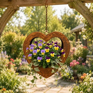 Peut inclure: Une jardinière suspendue en forme de cœur avec une finition marron rustique, retenue par une chaîne en métal. La jardinière est remplie d'un arrangement vibrant de pensées violettes, jaunes et blanches, avec du lierre vert qui retombe.