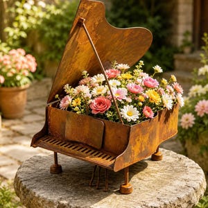 Peut inclure: Une jardinière en métal rouillé en forme de piano à queue avec un couvercle ouvert, remplie d'une variété de fleurs colorées roses, jaunes et blanches ressemblant à des marguerites. La structure du piano présente trois pieds fins et un clavier.
