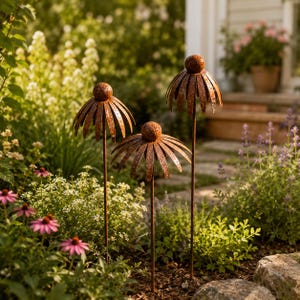 May include: Three garden stakes made of rusted metal, each featuring a spherical center and downward-curving petals that resemble a flower. The stakes are positioned at varying heights, with thin metal stems supporting the flower-shaped tops.