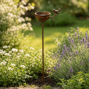 Peut inclure: Un tuteur de jardin en métal fin et haut de couleur rouille, surmonté d'un petit bol peu profond pour l'eau. Un oiseau décoratif en métal est perché sur une extension en forme de branche fixée au côté du bol, doté d'une finition patinée.