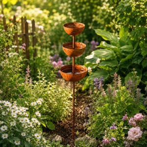 Peut inclure: Une fontaine de jardin à trois niveaux en métal rouillé, composée de trois bassins en forme de bol empilés sur une tige centrale verticale. La structure est conçue pour retenir l'eau dans chacun des trois niveaux circulaires superposés.