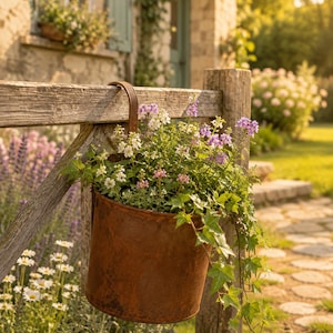 May include: A cylindrical, rusted metal bucket hanging from a weathered wooden fence rail. The bucket is filled with a variety of small purple and white flowers, along with green ivy vines that trail over the side of the container.