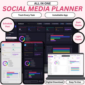 May include: An all-in-one social media planner digital tool featuring a dashboard with data visualization, status breakdowns, and post tracking. The interface includes light and dark themes, mobile app views, and a desktop layout for managing content.