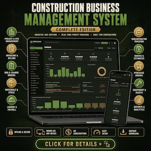 Construction Business Management System App, Contractor Accounting, Job Costing & Invoice Tracker, Digital Download