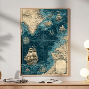 May include: A vertical wall art print featuring a vintage-style nautical map with deep blue ocean tones, beige landmasses, detailed sailing ships, a compass rose, and a decorative cartouche, all framed in a light wood frame.