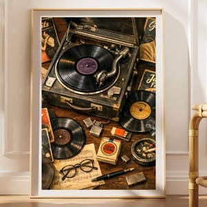 Puede incluir: Un tocadiscos portátil vintage con un disco de vinilo negro, rodeado de discos de vinilo dispersos, un paquete de cigarrillos Lucky Strike, un encendedor de metal, una pluma estilográfica, gafas redondas y partituras sobre una superficie de madera oscura.